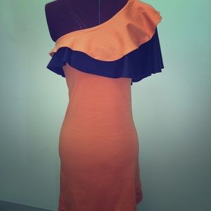 One shouldered orange & purple dress